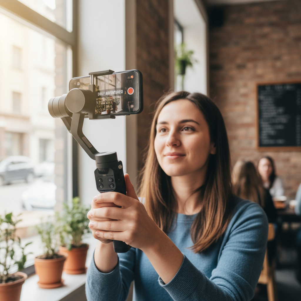 Social media content creator filming short-form video on smartphone