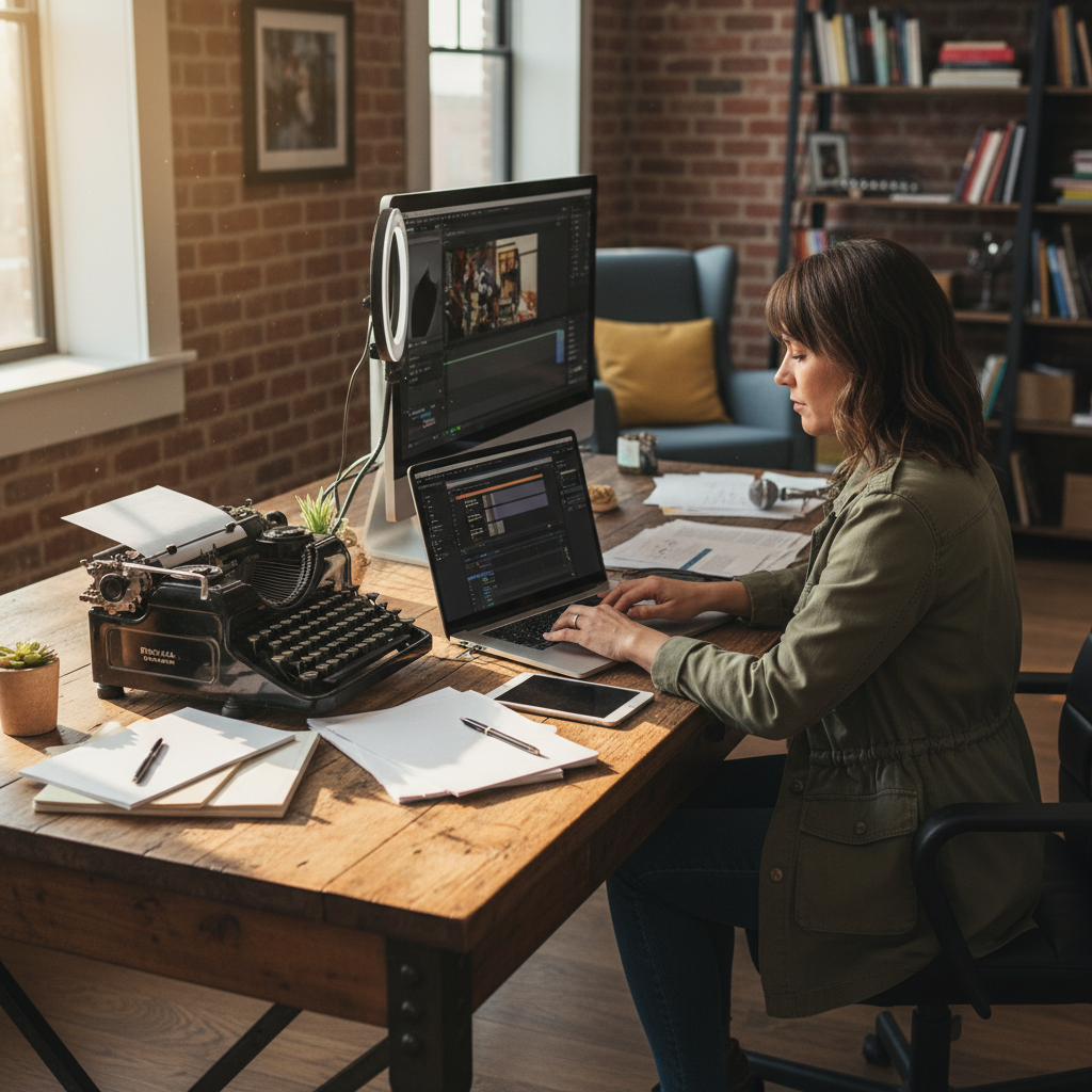 Journalist writing editorial content in modern media studio
