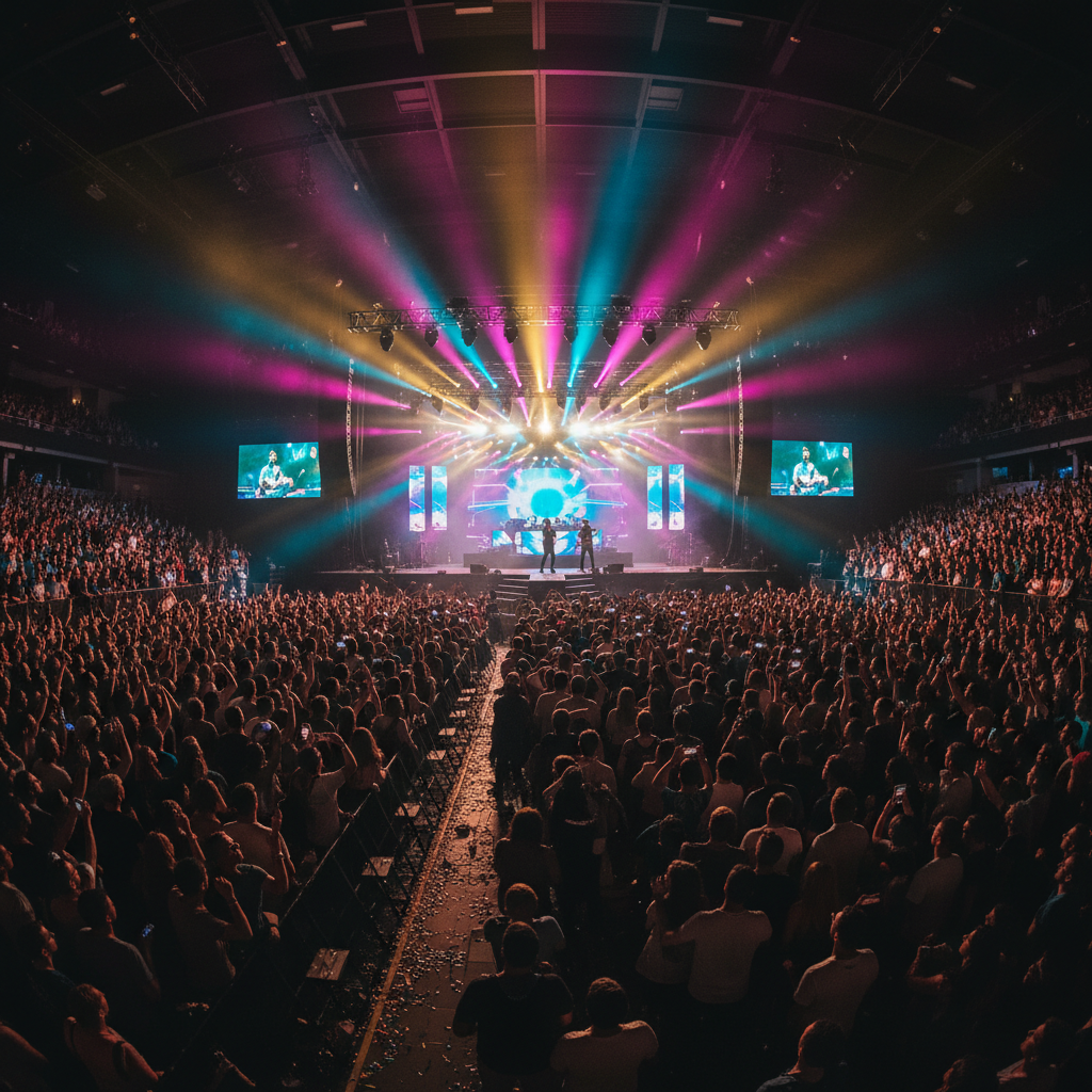 Large live event with crowd and dramatic stage lighting