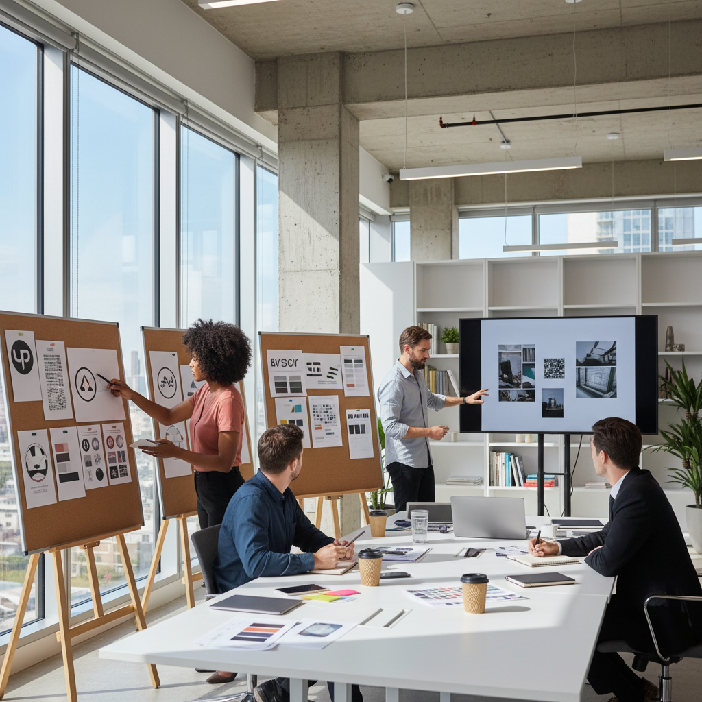 Brand partnership meeting in modern creative office space