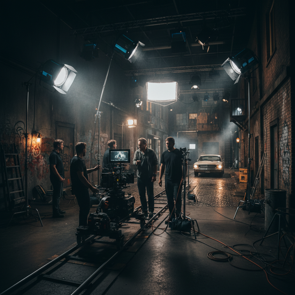 Cinematic film set with dramatic lighting and camera equipment
